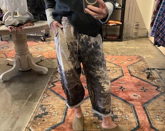 Printed linen/viscouse blend in a Japanese style pant with drawstring waist  pant