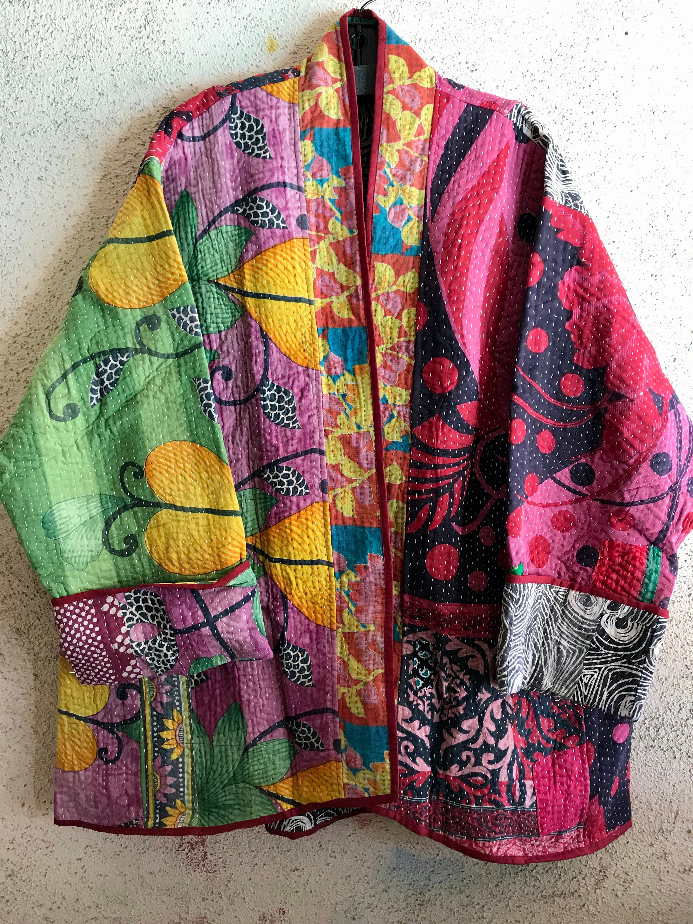 Stunning reversible cotton kantha quilt kimono/jacket in colors