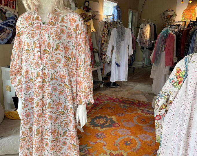 One button pullover shirt dress in tangerine floral cotton voile