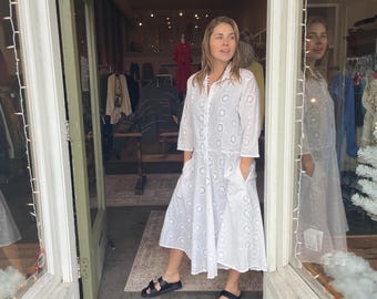 White cotton schiffli housedress