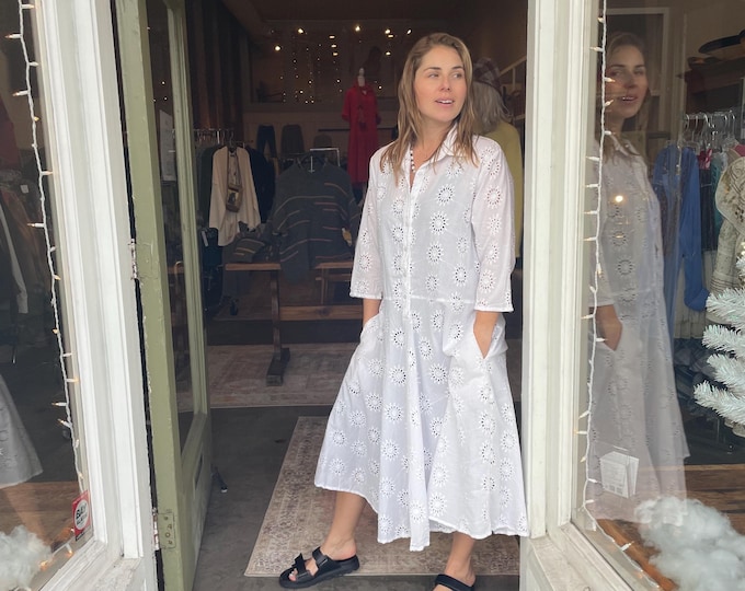 White cotton schiffli housedress