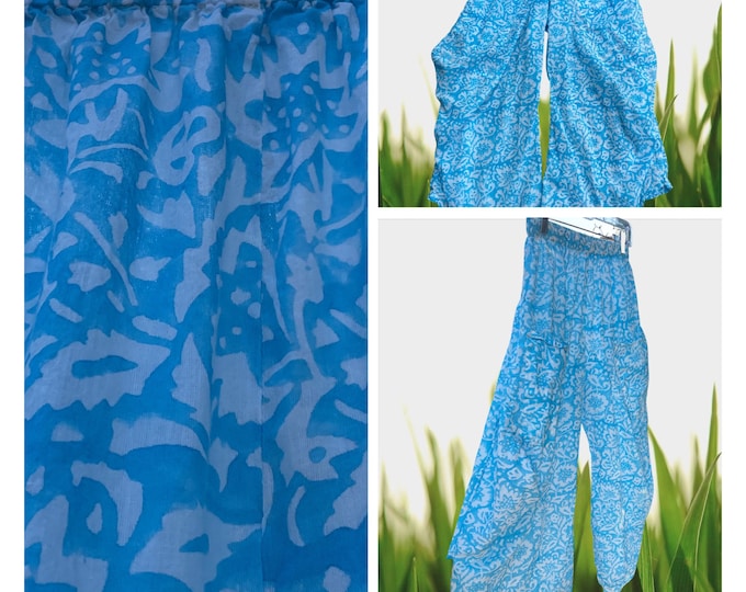 Turquoise Floral super lightweight blockprint cotton voile lagenlook pant