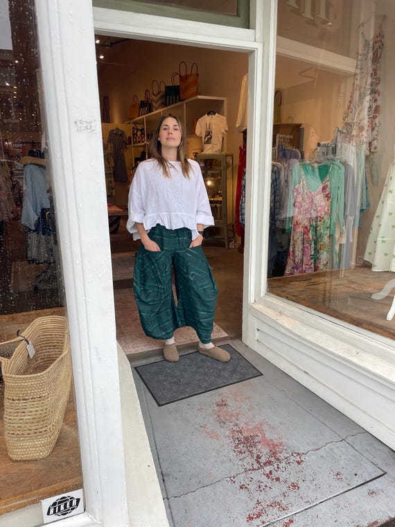 Green textured silk and cotton  stripe   lagenlook pant
