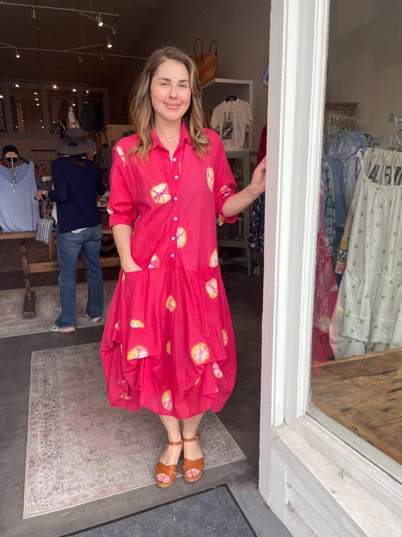Button down prairie dress in cotton silk red tie dye