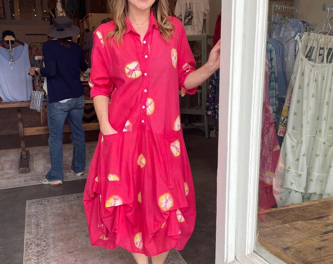 Button down prairie dress in cotton silk red tie dye