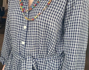 Double faced gauze cotton small check /plaid jumpsuit