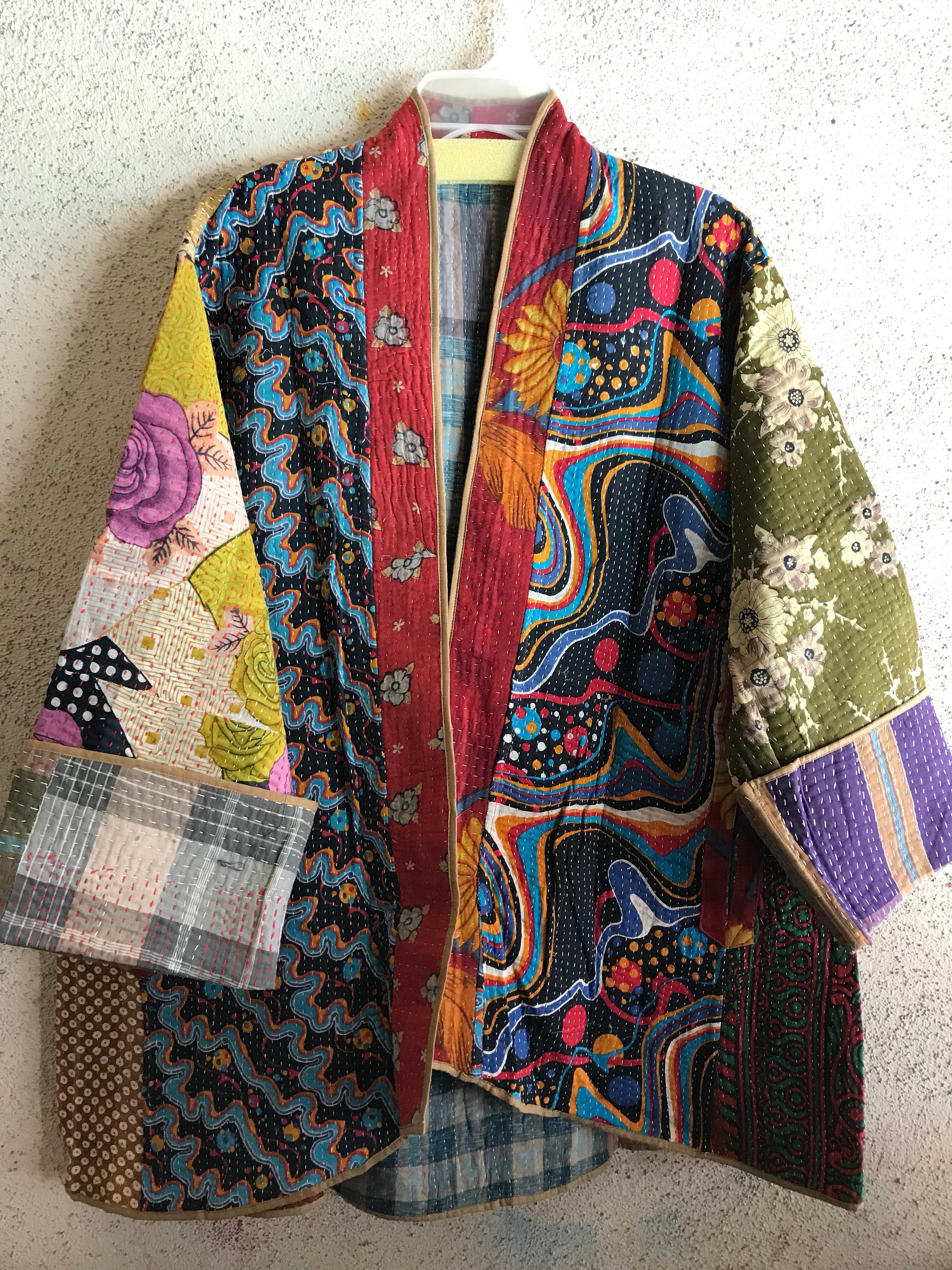 Reversible cotton kantha quilt kimono jacket