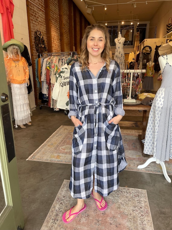 Plaid double face  cotton gauze button down shirtdress/duster