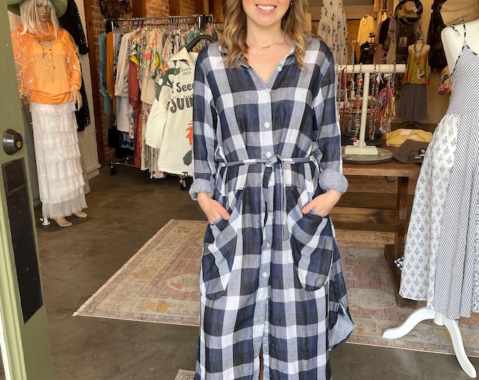 Plaid double face  cotton gauze button down shirtdress/duster