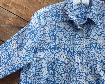 Cotton voile block print cropped button down shirt