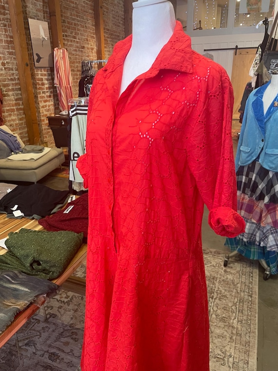 Red cotton schiffli housedress