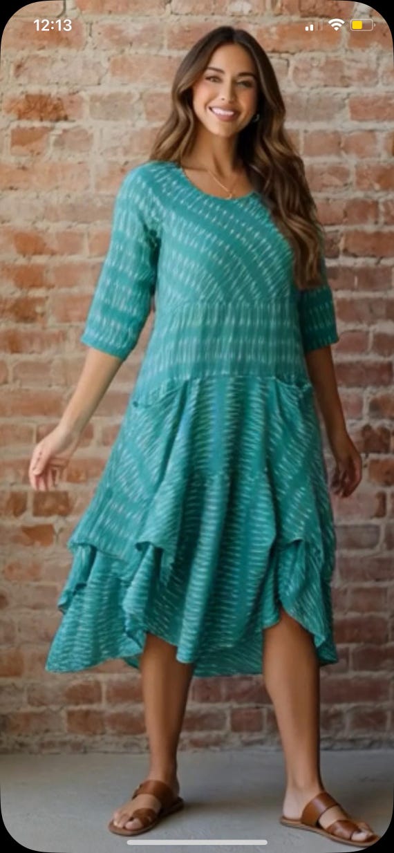 Prairie dress with pockets and 3/4 sleeves in grass green cotton