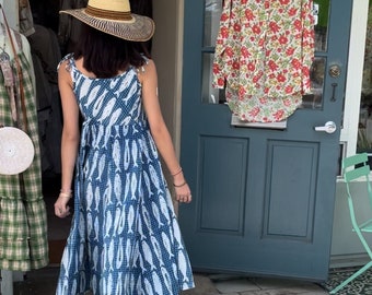 Super lightweight indigo fish blockprint cotton sundress