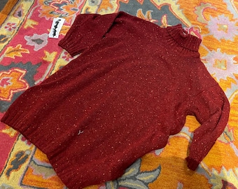 Hand knit  claret red classic turtleneck pullover sweater