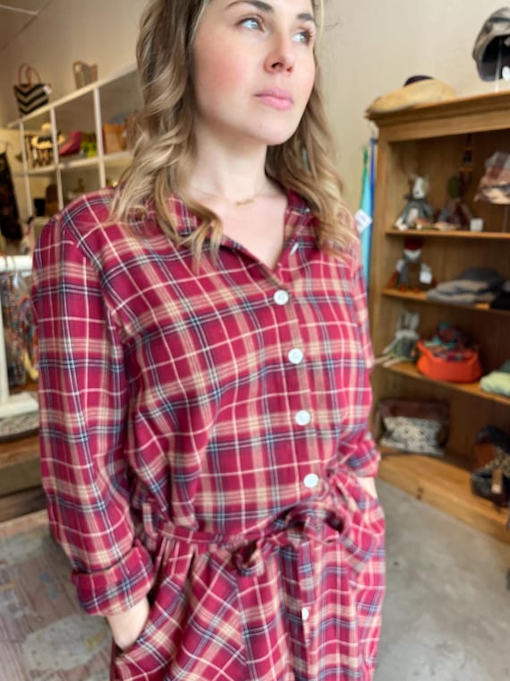 Plaid flannel cotton  button down shirtdress/duster