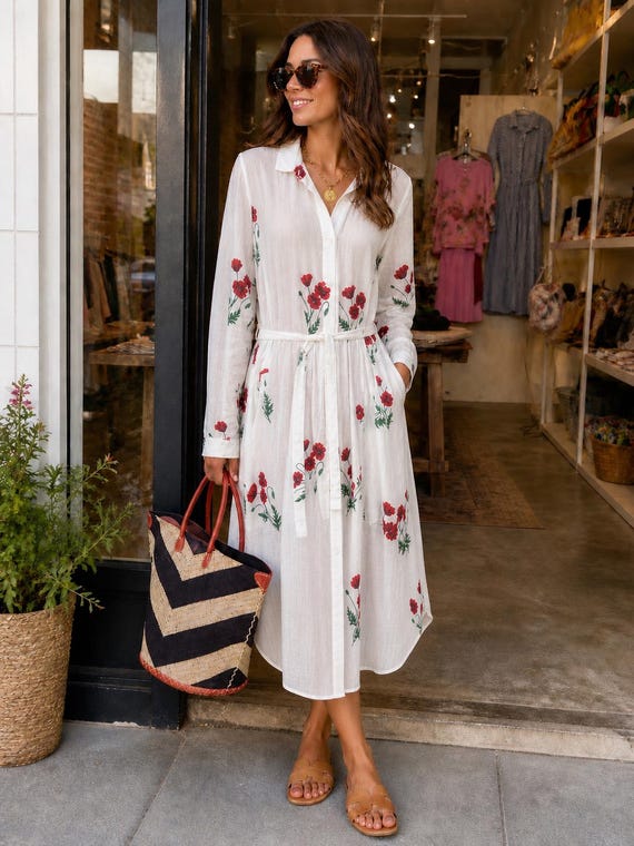 Red on white blockprint floral cotton voile button down shirtdress/duster