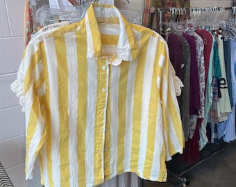 Cotton  block print stripe in yellow cropped button down shirt