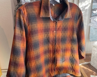 Reversible pumpkin plaid cropped button down shirt
