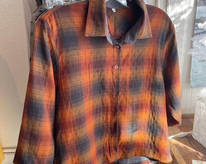 Reversible pumpkin plaid cropped button down shirt