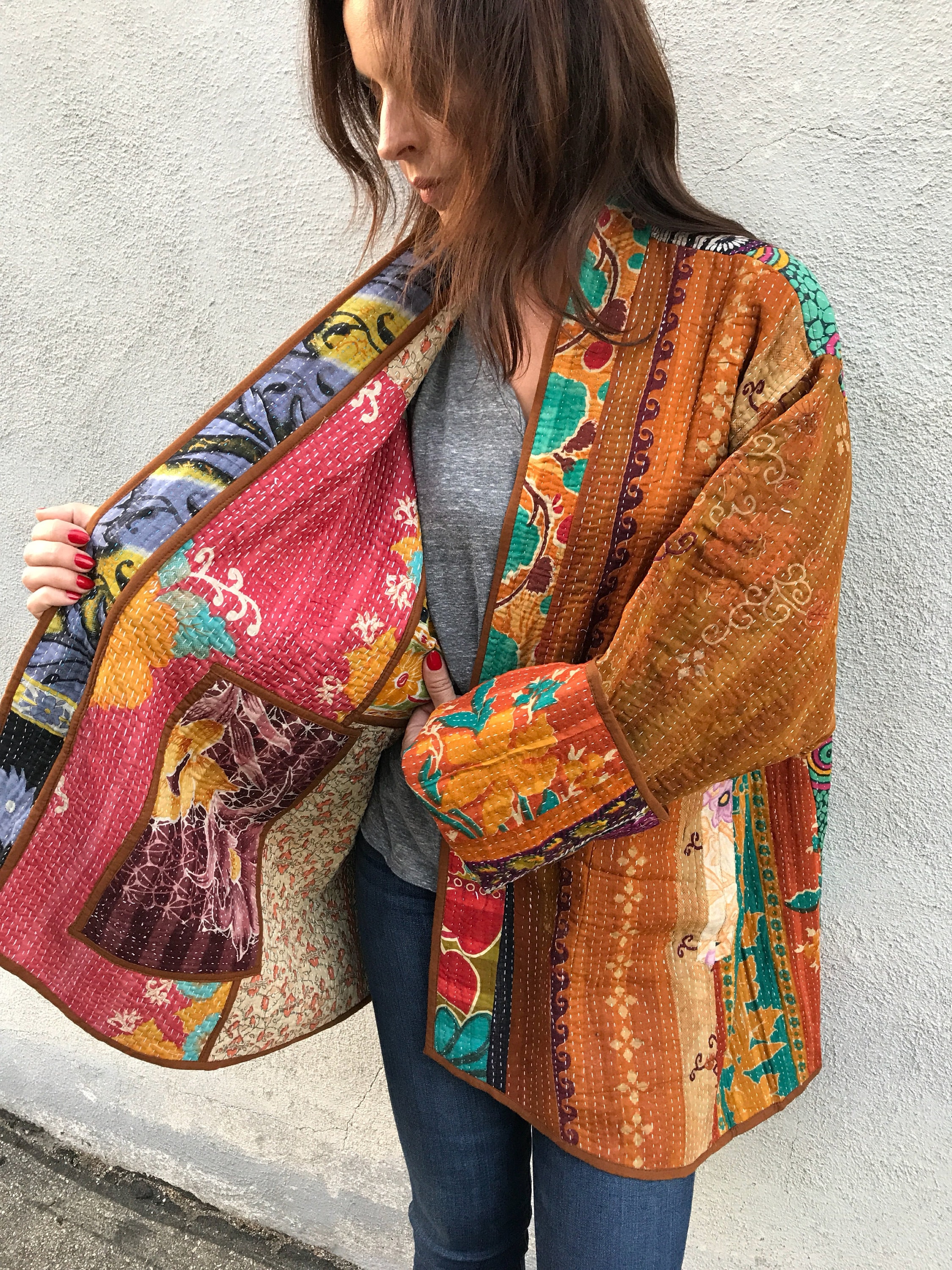 Cotton vintage kantha quilt reversible jacket