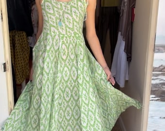 Super lightweight green and white blockprint cotton sundress