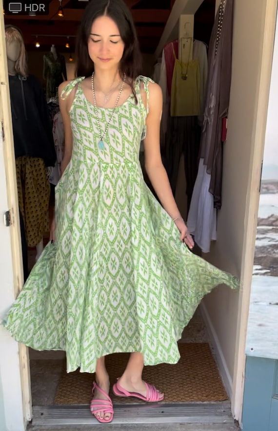 Super lightweight green and white blockprint cotton sundress