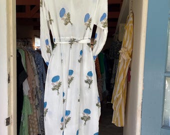 Long sleeve turquoise floral  blockprint funky dress