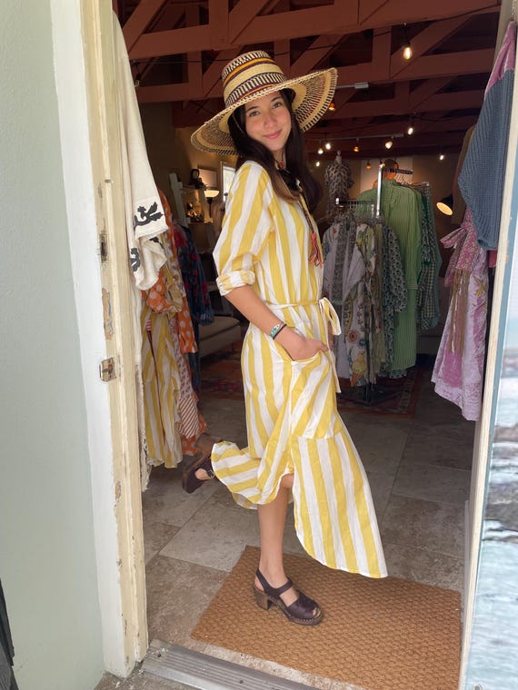 Gold  striped cotton  button down shirtdress/duster