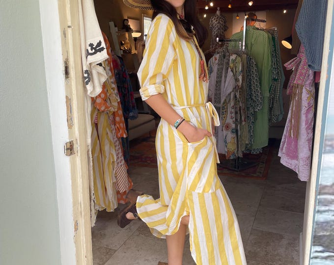 Gold  striped cotton  button down shirtdress/duster