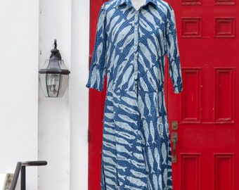 The Housedress! Indigo fish block print cotton simple uncomplicated housedress with pockets