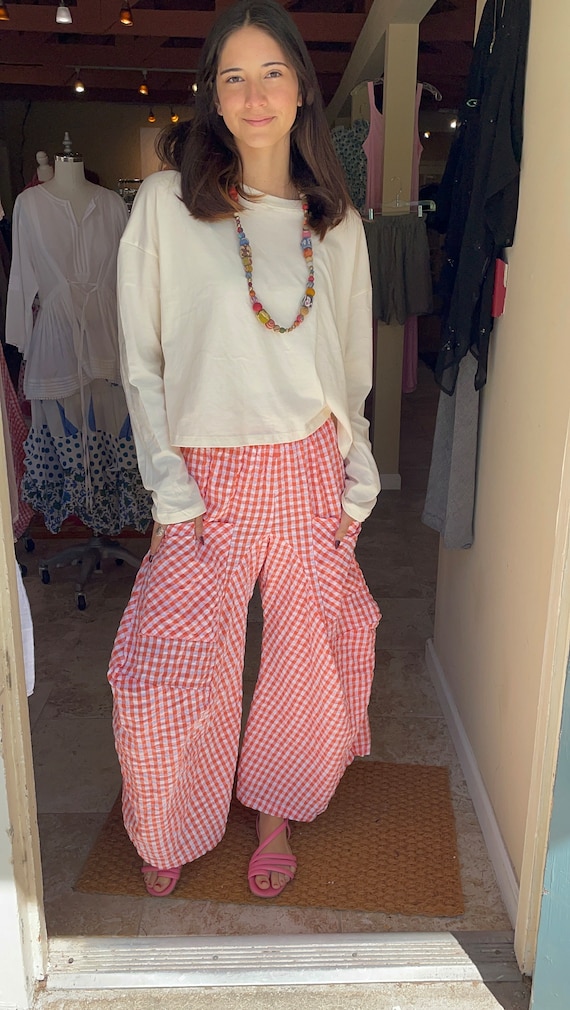 Seersucker orange gingham Funky pant