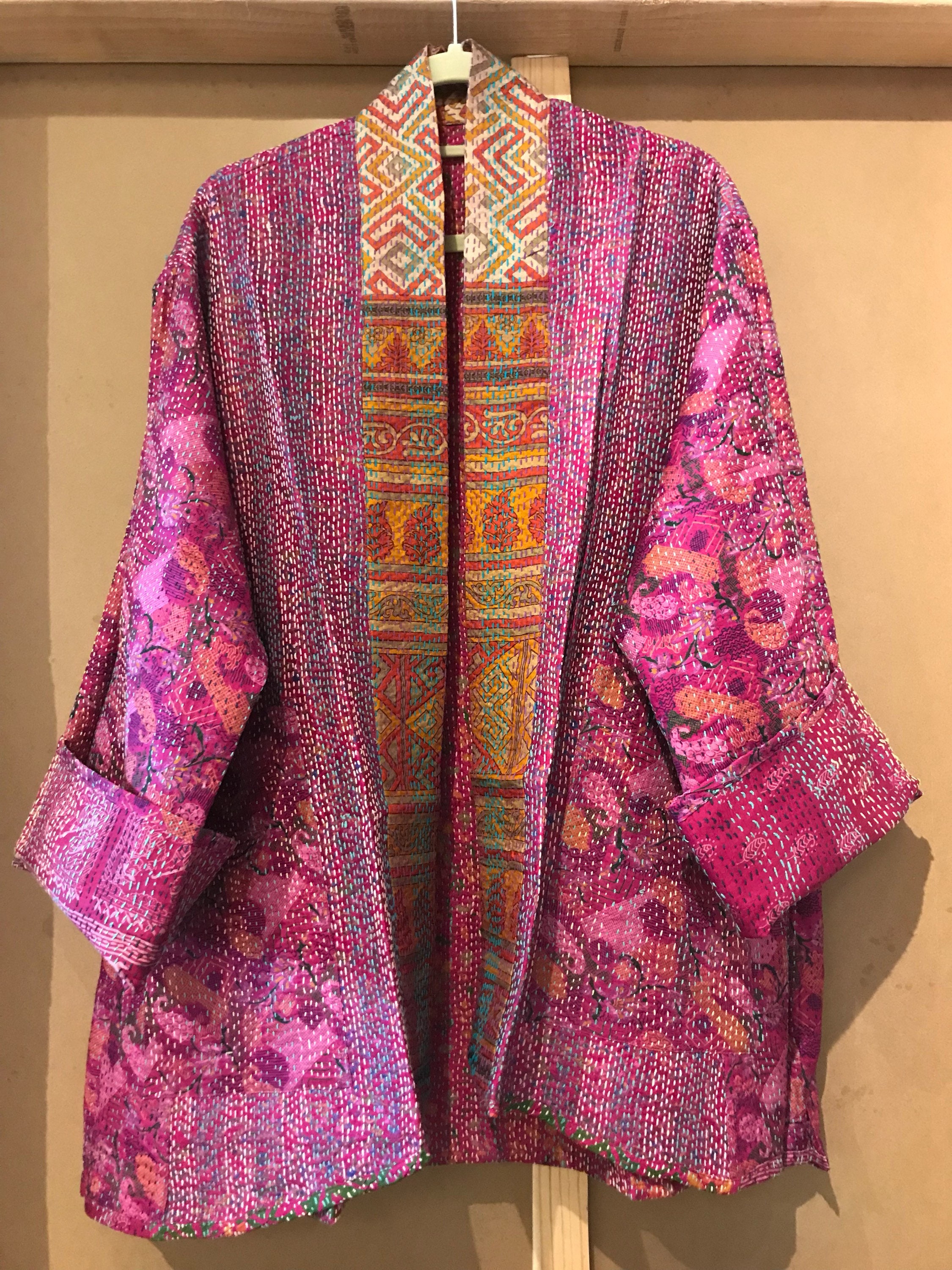 Pink vintage sari silk reversible kimono style jacket