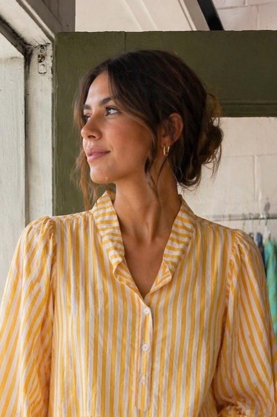 Alice shirt in cotton voile blockprint stripe in yellow