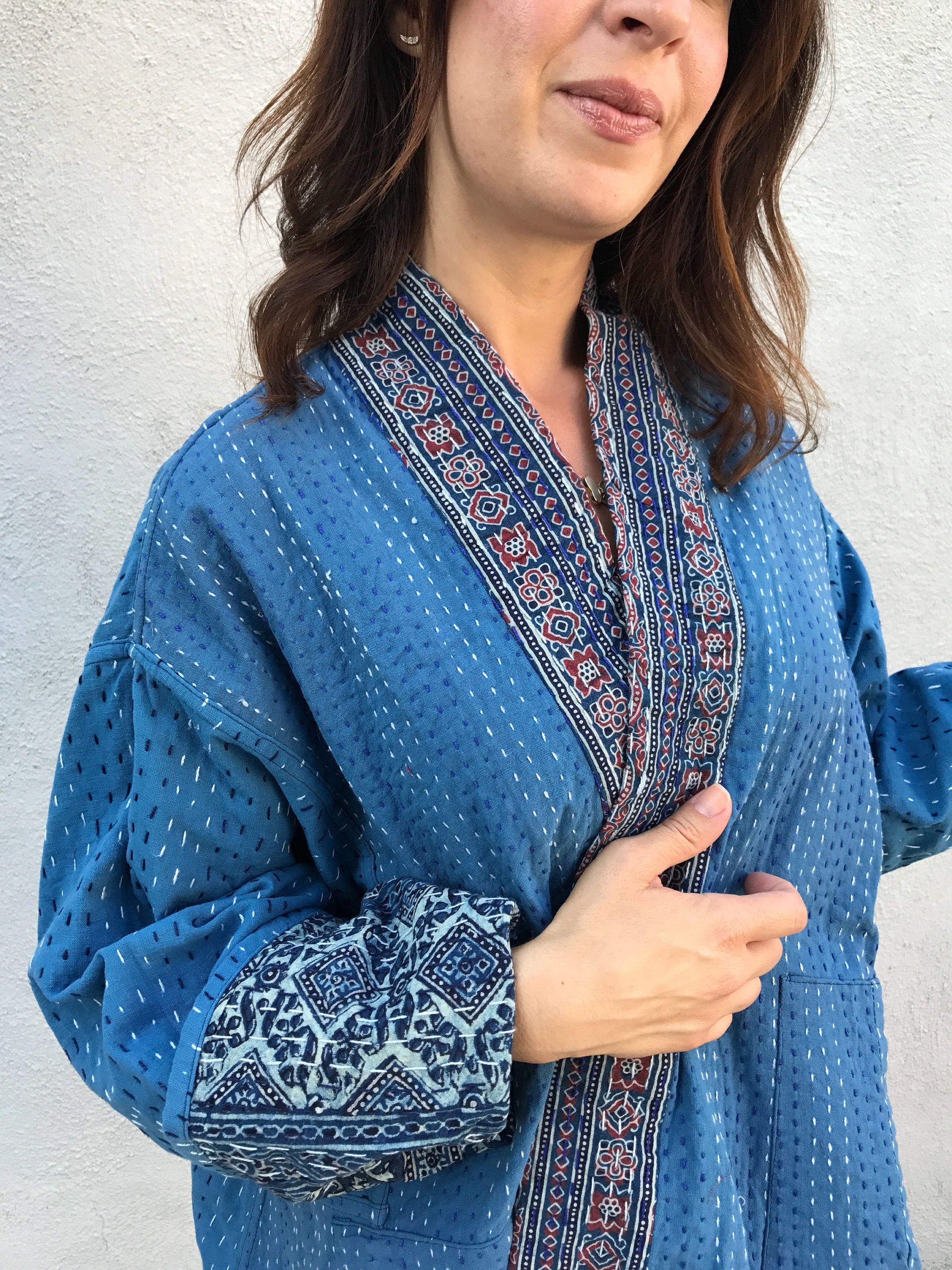 Indigo cotton kantha quilt jacket