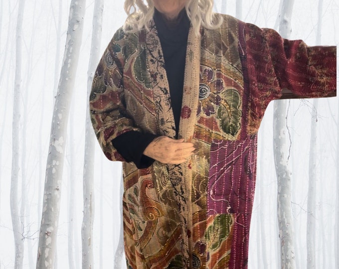 A night at the opera in plus size reversible silk kantha duster/kimono