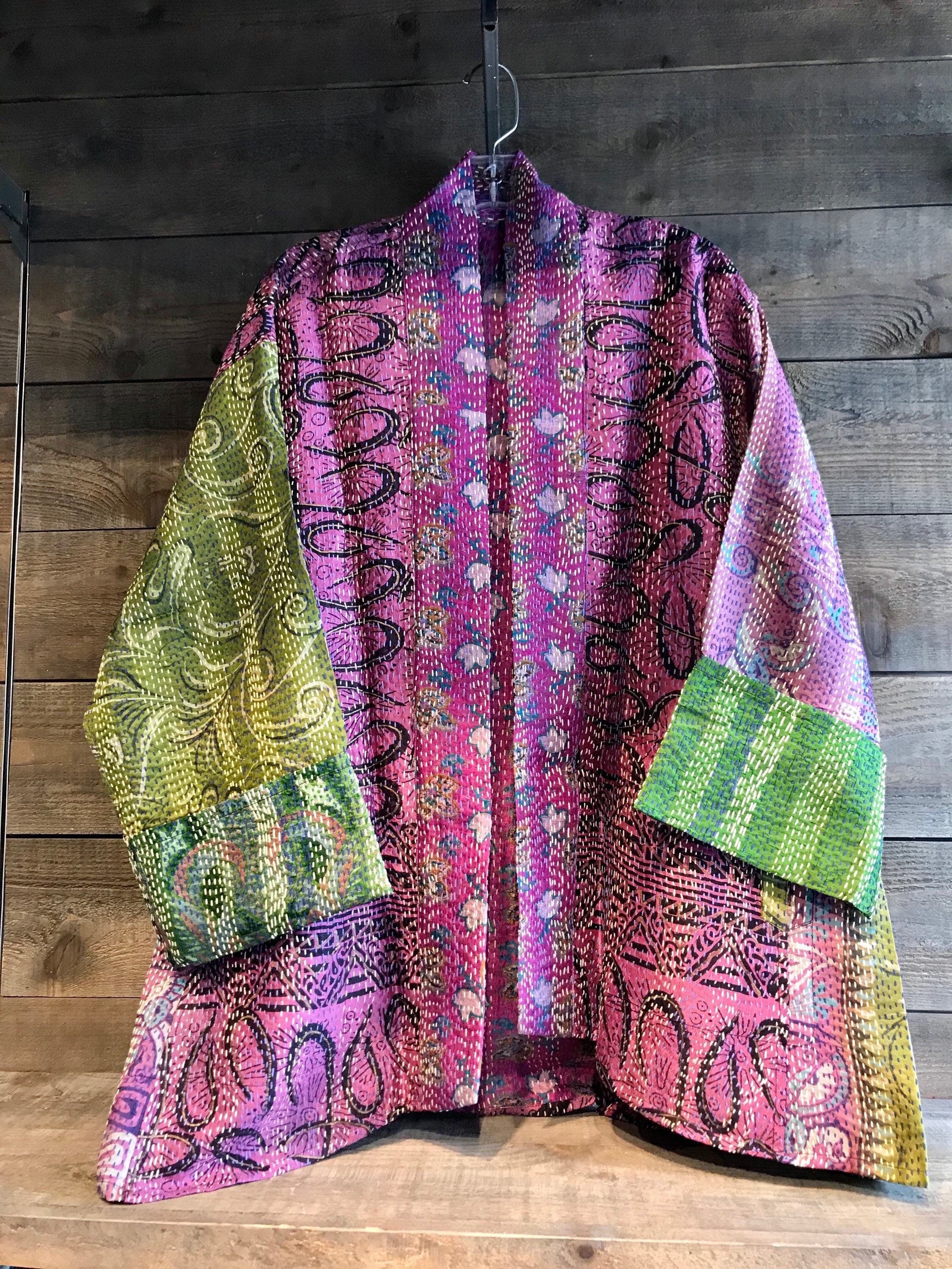 Purple and green reversible silk kantha kimono