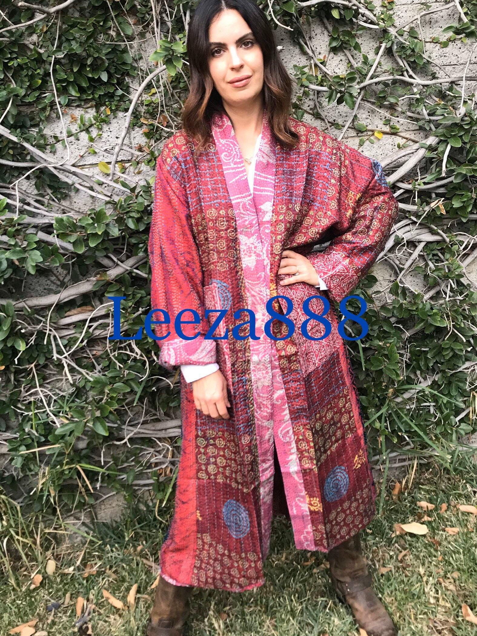 Hard candy colors plus size reversible silk kantha duster/kimono