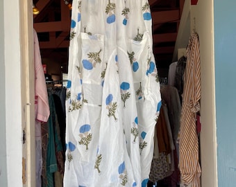 White with turquoise Floral block print cotton voile lagenlook pant