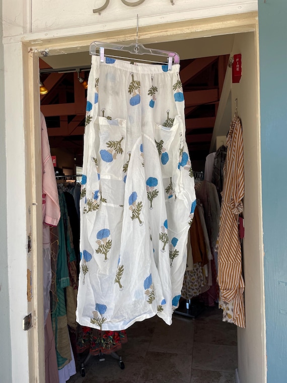 White with turquoise Floral block print cotton voile lagenlook pant