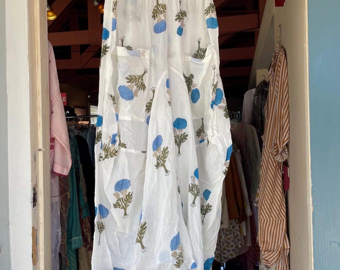 White with turquoise Floral block print cotton voile lagenlook pant