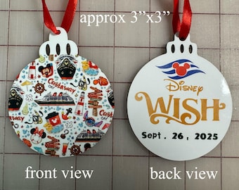 May include: A double-sided, round ornament with a red ribbon. The front features a colorful pattern with cruise ship illustrations and the text "Castaway Cay." The back displays the Disney logo, the word "WISH," and the date "Sept. 26, 2025." The ornament is approximately 3" x 3".