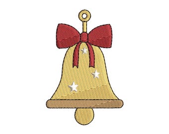 Puede incluir: Campana de Navidad bordada con lazo rojo y estrellas blancas. La campana es dorada con base marrón y un pequeño lazo dorado en la parte superior para colgar. Una decoración festiva.