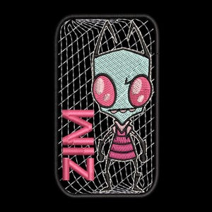 May include: A rectangular embroidered patch featuring a light green alien character with large pink eyes and antennae, wearing a pink and black striped shirt. The text ZIM is embroidered in pink vertically on the left against a white grid background.