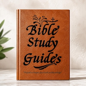 May include: A brown, textured, leather-like book cover with black text that reads "Bible Study Guide" and a small cross icon above the text. Below the main title, smaller black text reads "A Guide to Deepen Your Faith and Knowledge."