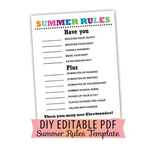 Plantilla de reglas de verano para niños en formato PDF editable y tamaño carta Descarga instantánea - KBP-004