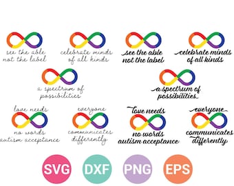 Autism Neurodiversity Quotes Bundle svg, Infinity autism, Rainbow Autism, Cricut Cut Files, Instant Download, Svg, Png, Eps, Dxf CF-358