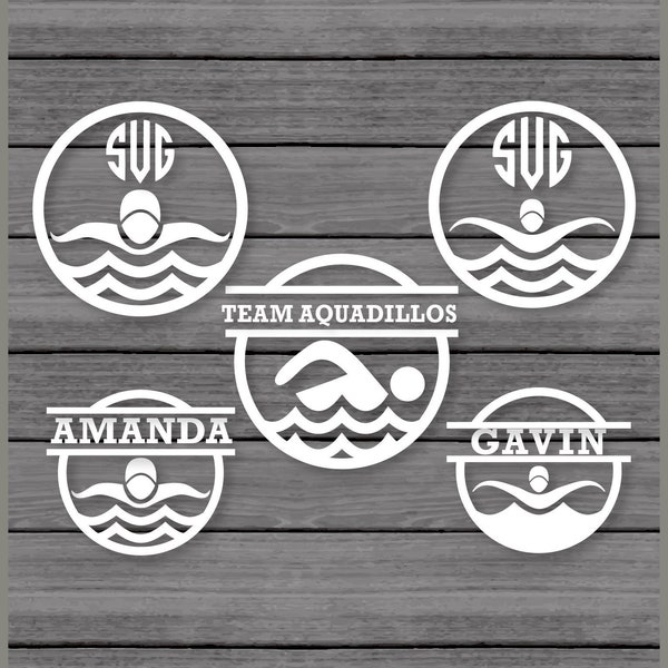 5 Swim Sport Team Circle Frames Monogram, Split SVG Cut Files, Cricut Design Space, Silhouette,Instant Download,Svg, Png, Eps, Dxf CF-029