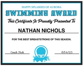 Fillable PDF Swim Swimming Diving 2 Certificates Award Template Printable Letter Size Instant Download SC-007