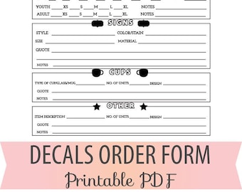 Vinyl Decals Order Form Sheet Letter Size Forms Sales Sheet Orders Blank Custom Clothing, Cups, Signs, Instant Download BOP-023