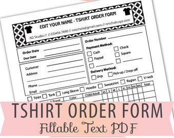 Fillable/Editable Text only PDF Tshirts Order Form HTV iron on tshirts Sheet Letter Size Form Custom Tshirts Instant Download BOP-032-Tee